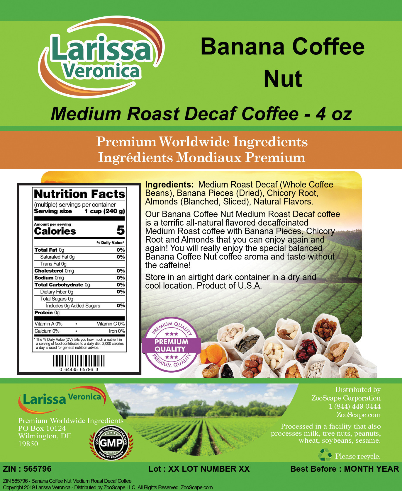 Banana Coffee Nut Medium Roast Decaf Coffee - Label