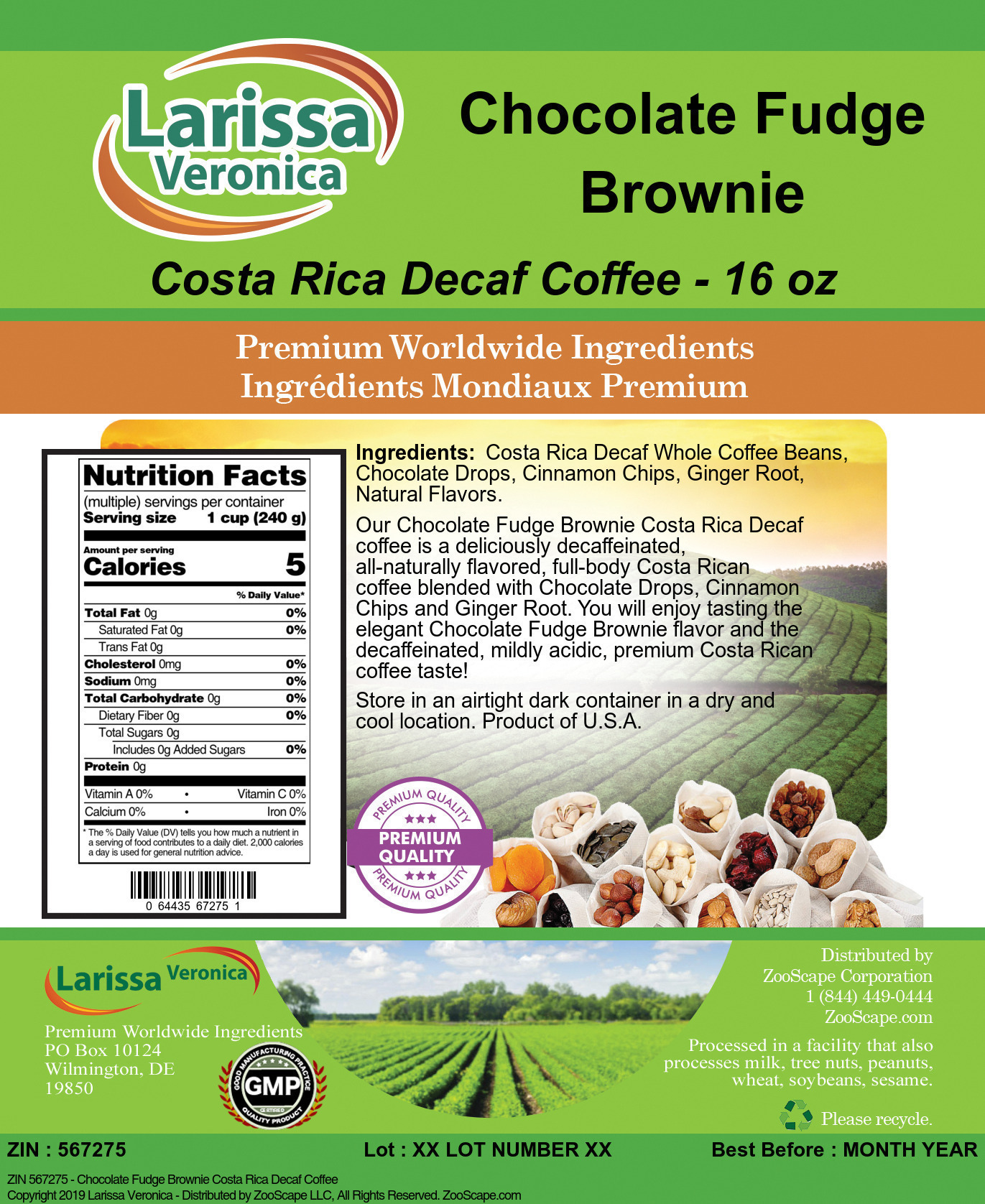 Chocolate Fudge Brownie Costa Rica Decaf Coffee - Label