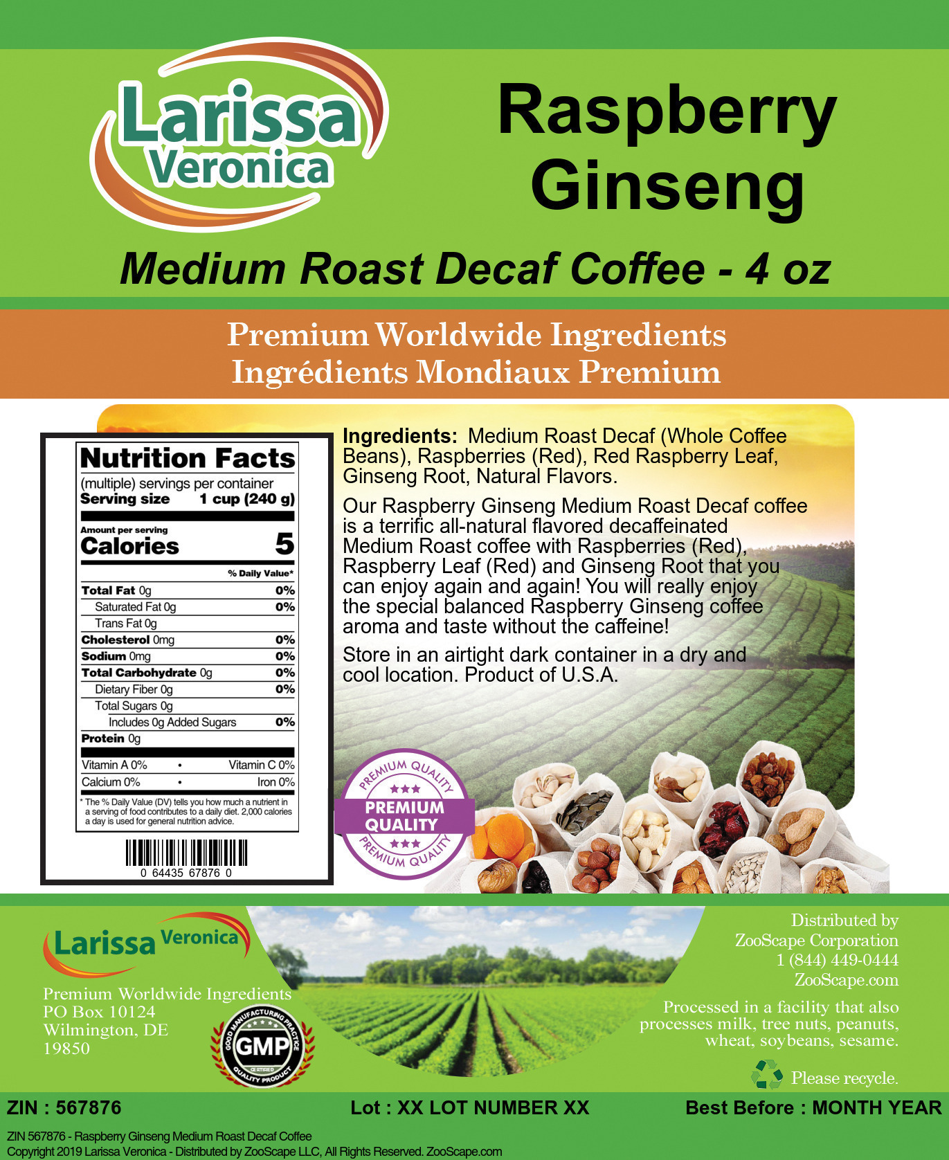 Raspberry Ginseng Medium Roast Decaf Coffee - Label