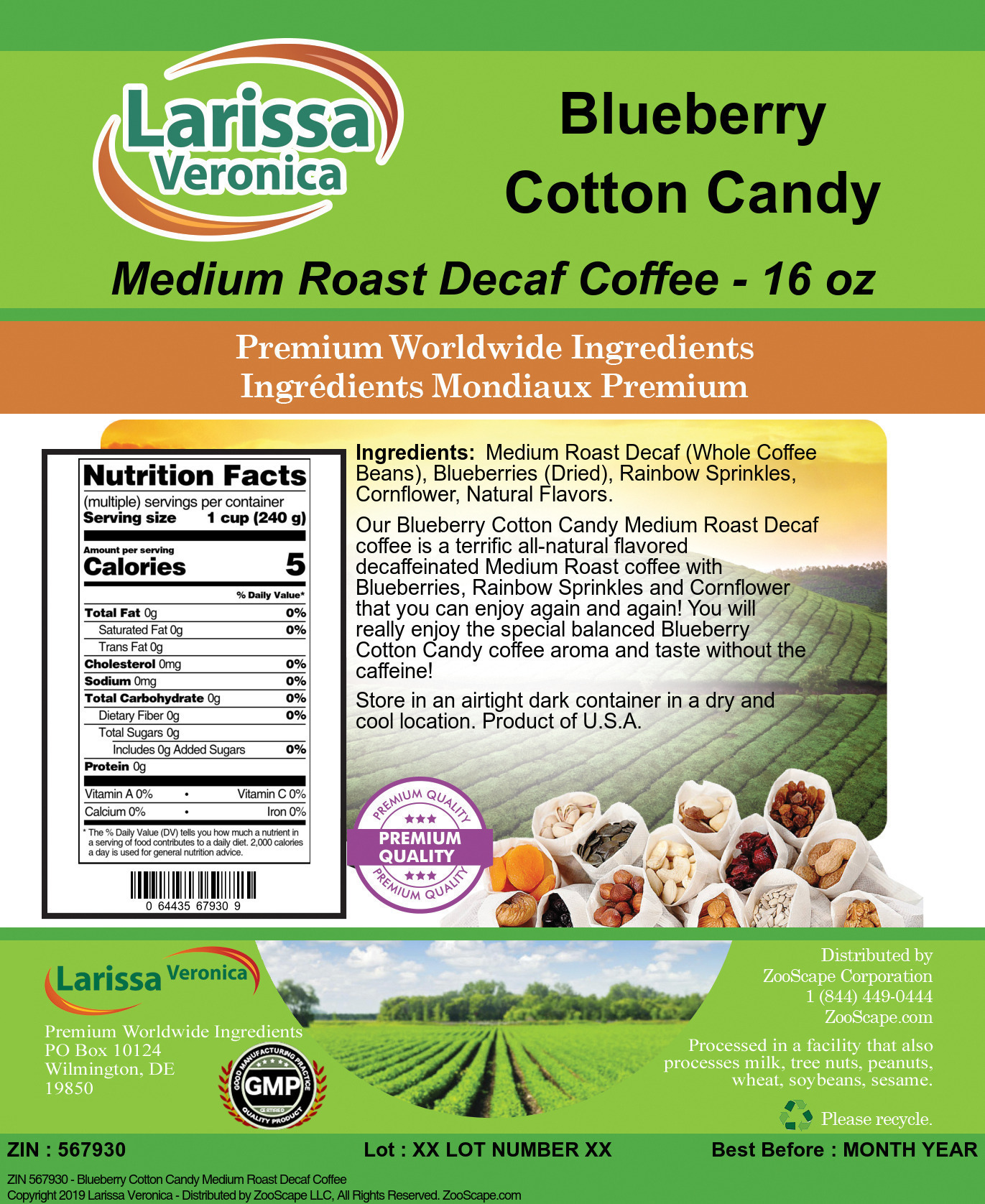 Blueberry Cotton Candy Medium Roast Decaf Coffee - Label
