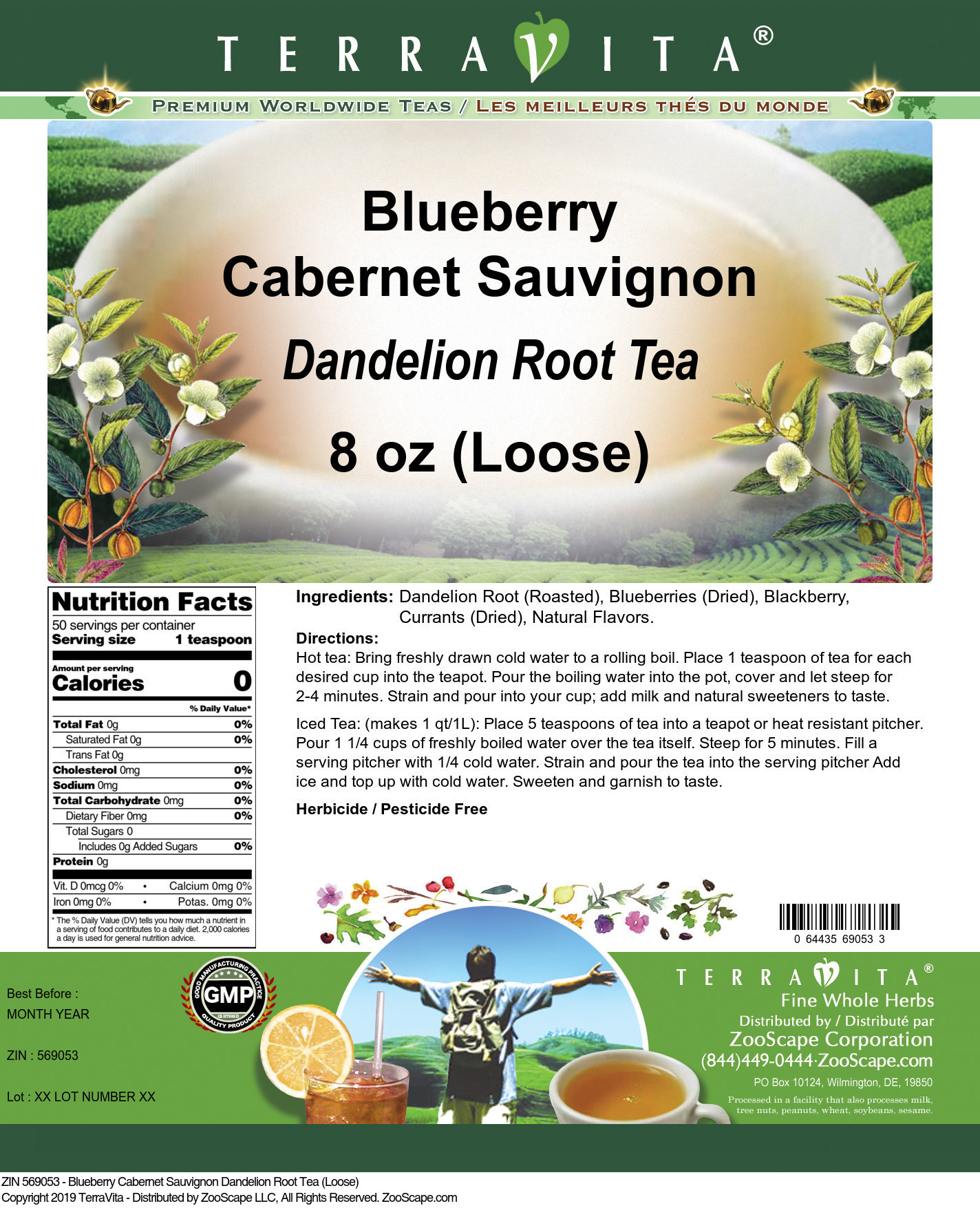 Blueberry Cabernet Sauvignon Dandelion Root Tea (Loose) - Label
