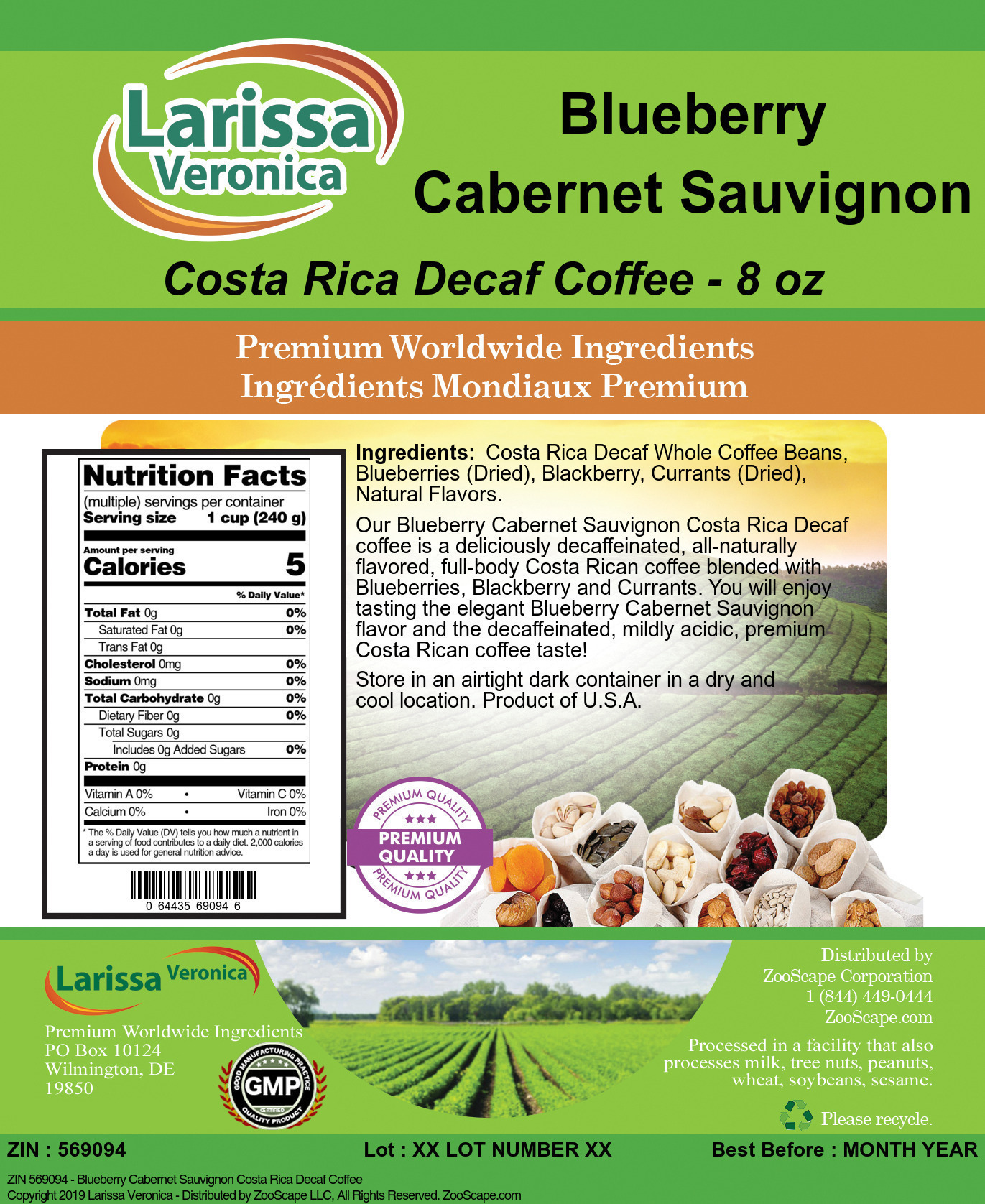 Blueberry Cabernet Sauvignon Costa Rica Decaf Coffee - Label