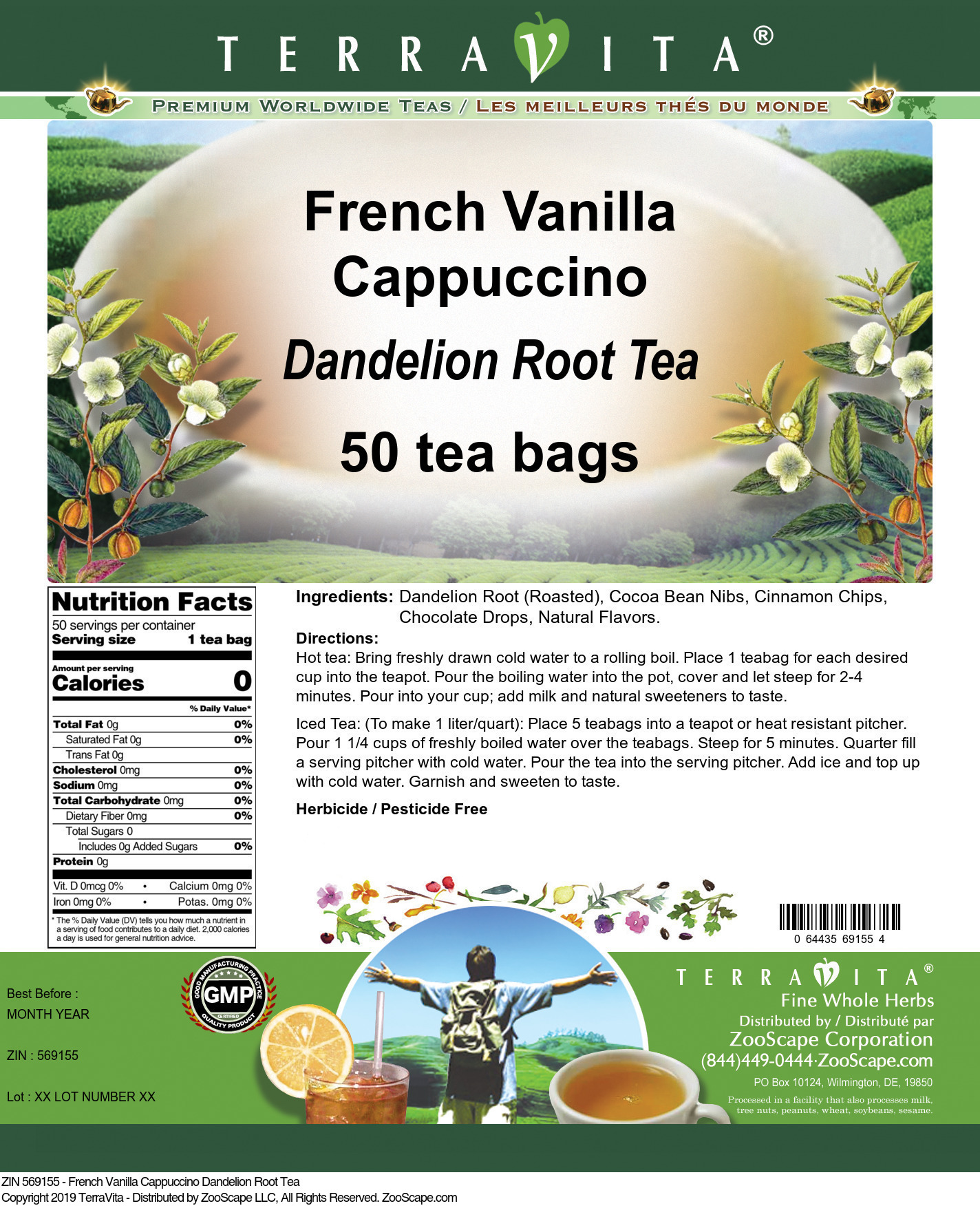 French Vanilla Cappuccino Dandelion Root Tea - Label