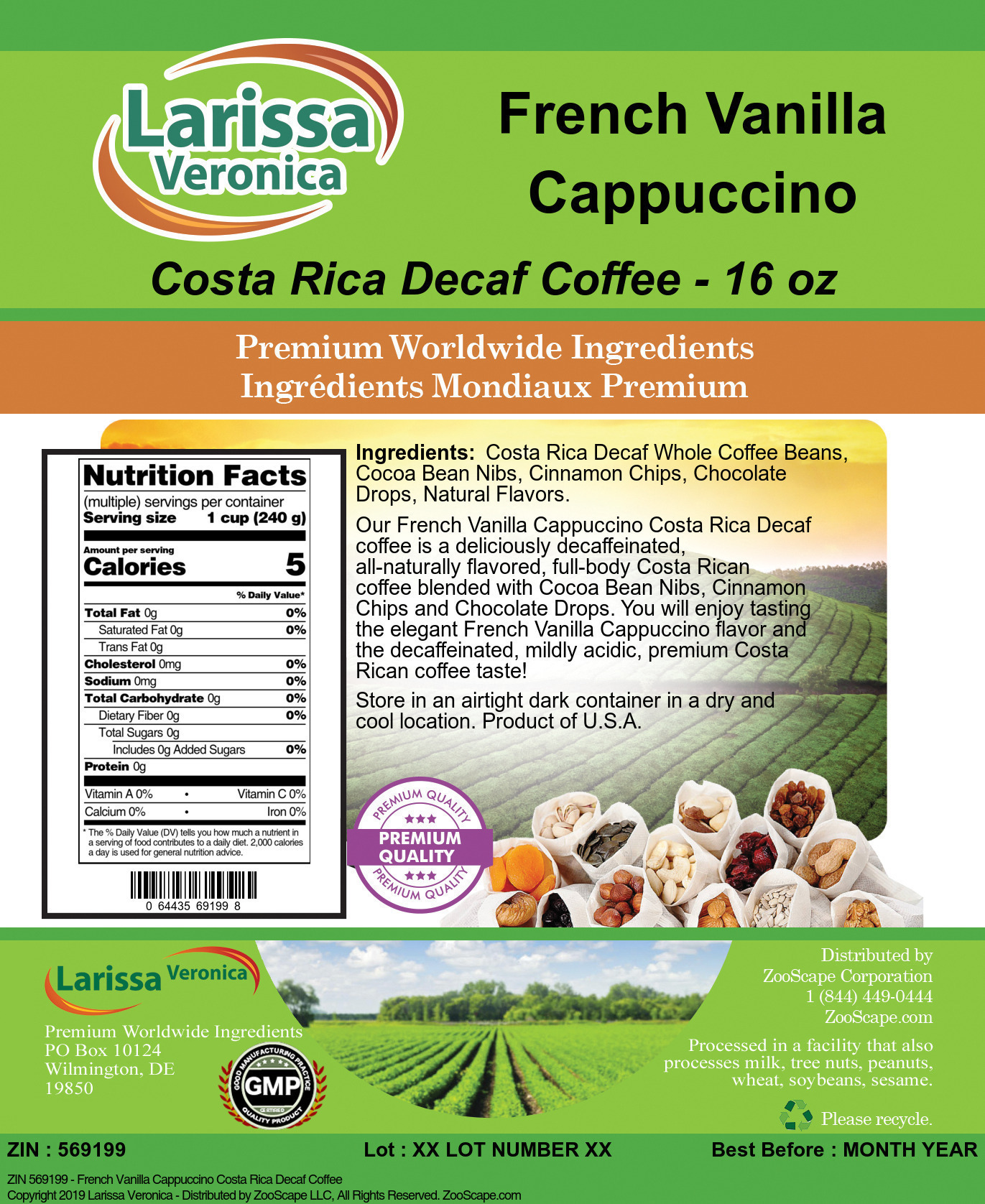 French Vanilla Cappuccino Costa Rica Decaf Coffee - Label