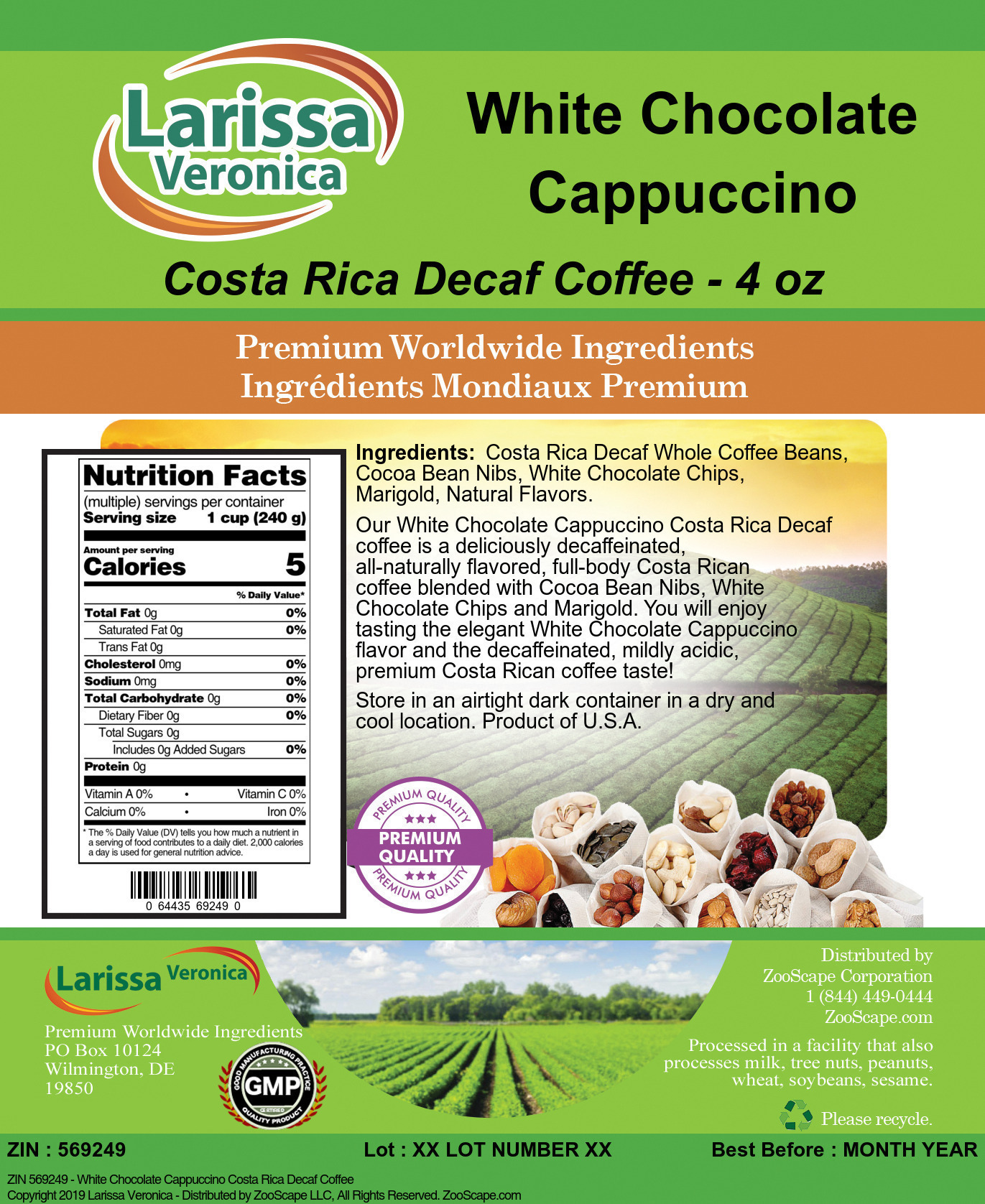 White Chocolate Cappuccino Costa Rica Decaf Coffee - Label