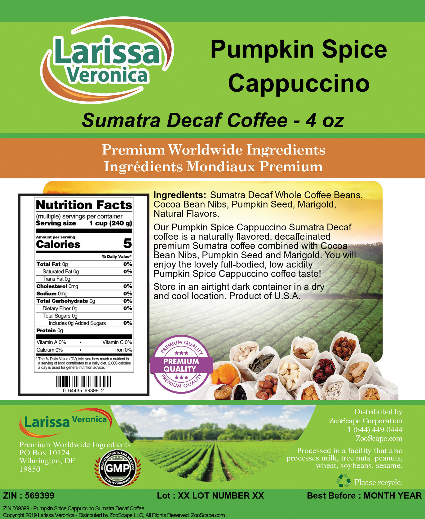 Pumpkin Spice Cappuccino Sumatra Decaf Coffee - Label