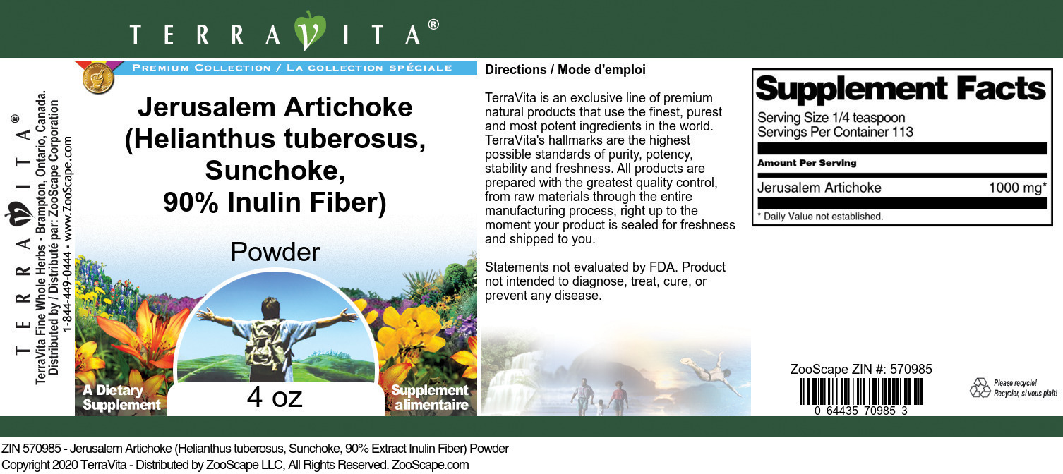 Jerusalem Artichoke (Helianthus tuberosus, Sunchoke, 90% Inulin Fiber) Powder - Label