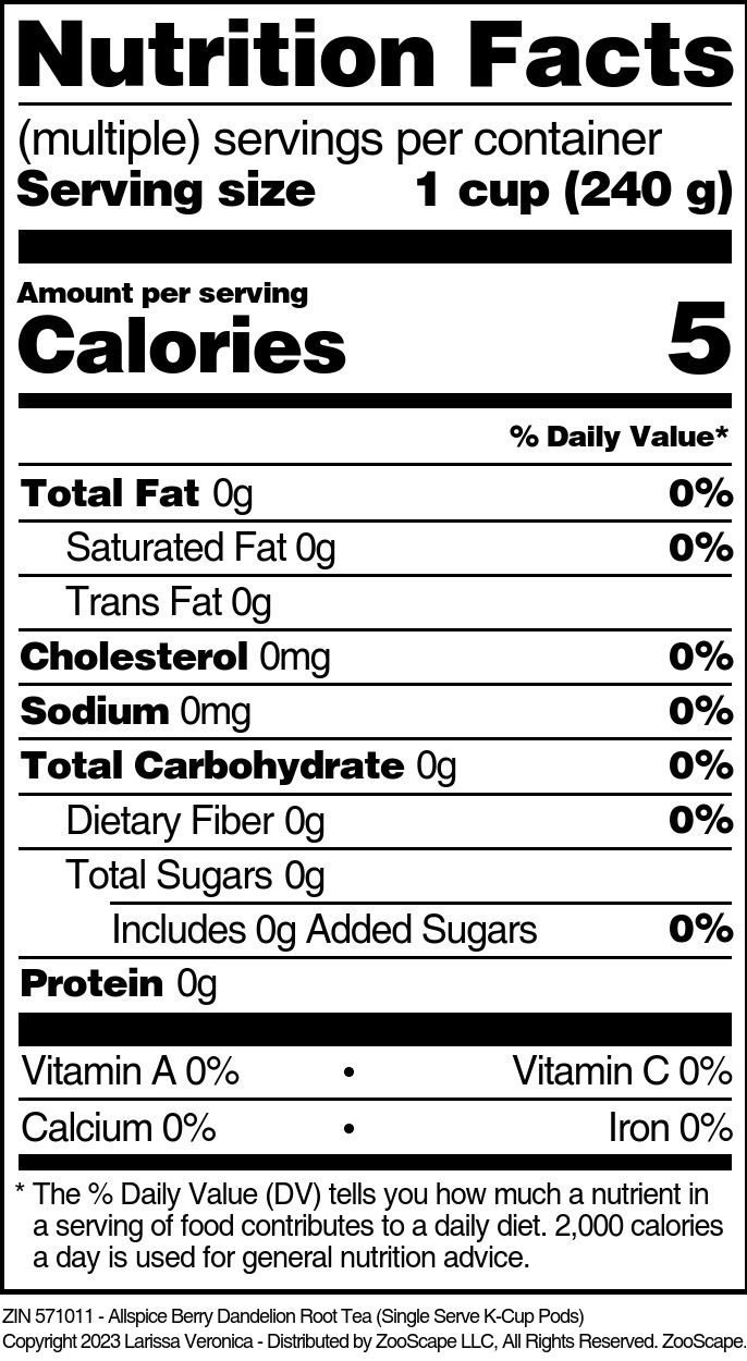 Allspice Berry Dandelion Root Tea <BR>(Single Serve K-Cup Pods) - Supplement / Nutrition Facts