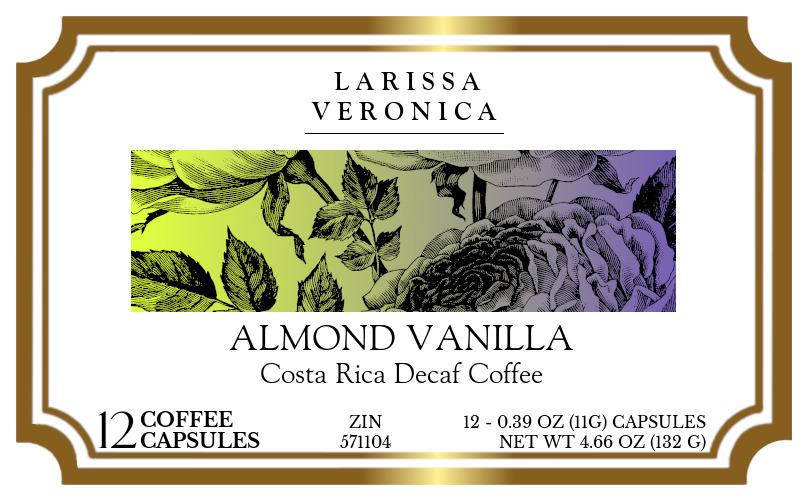 Almond Vanilla Costa Rica Decaf Coffee <BR>(Single Serve K-Cup Pods) - Label