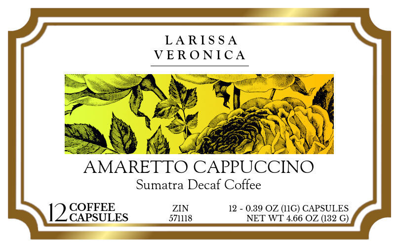 Amaretto Cappuccino Sumatra Decaf Coffee <BR>(Single Serve K-Cup Pods) - Label