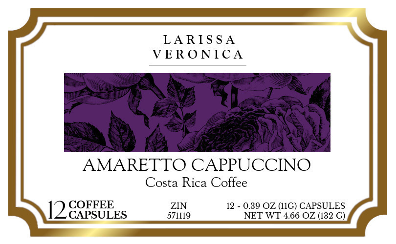Amaretto Cappuccino Costa Rica Coffee <BR>(Single Serve K-Cup Pods) - Label