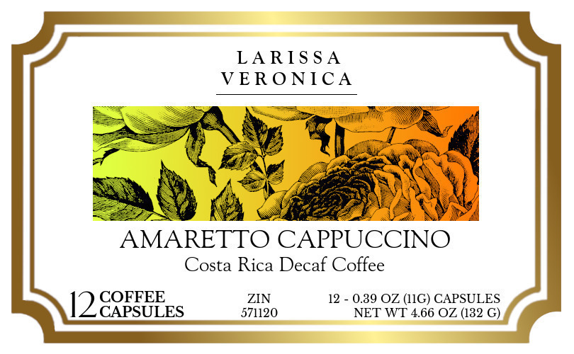 Amaretto Cappuccino Costa Rica Decaf Coffee <BR>(Single Serve K-Cup Pods) - Label