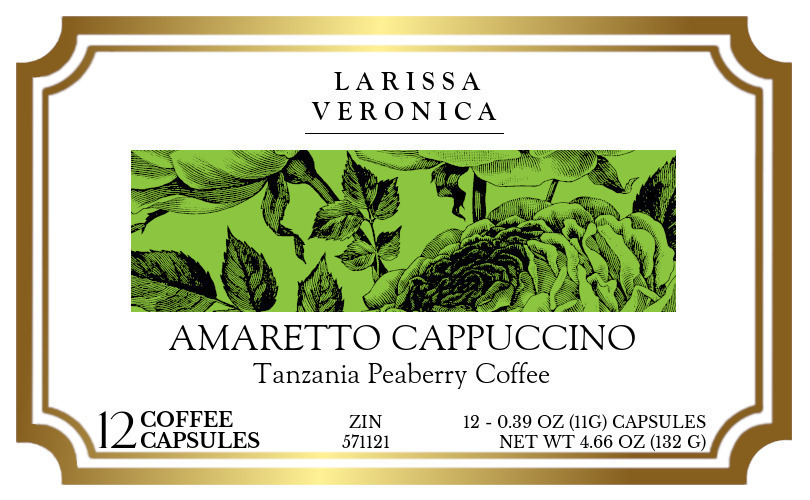 Amaretto Cappuccino Tanzania Peaberry Coffee <BR>(Single Serve K-Cup Pods) - Label