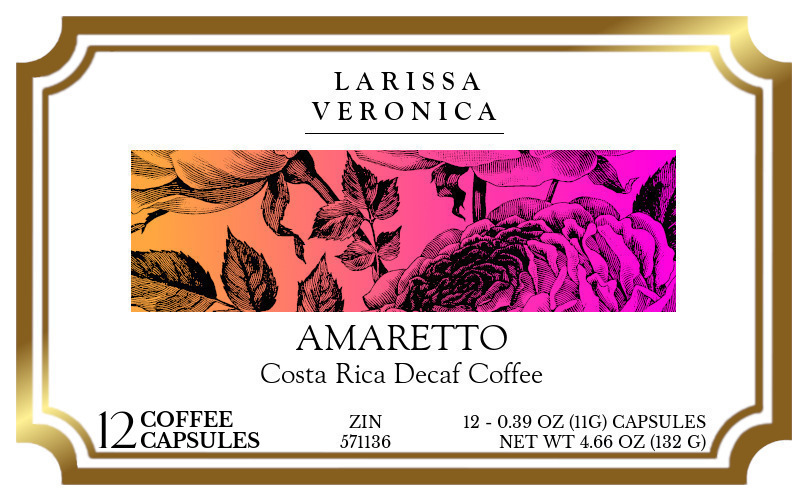 Amaretto Costa Rica Decaf Coffee <BR>(Single Serve K-Cup Pods) - Label
