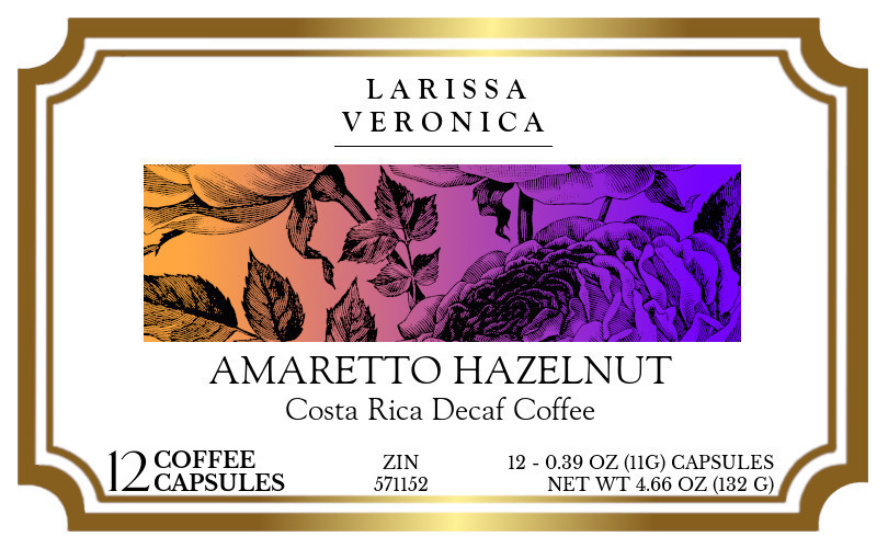 Amaretto Hazelnut Costa Rica Decaf Coffee <BR>(Single Serve K-Cup Pods) - Label