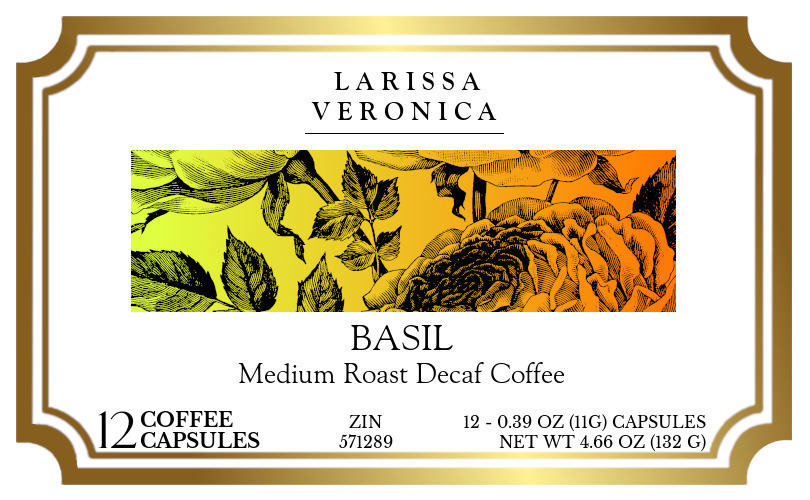 Basil Medium Roast Decaf Coffee <BR>(Single Serve K-Cup Pods) - Label