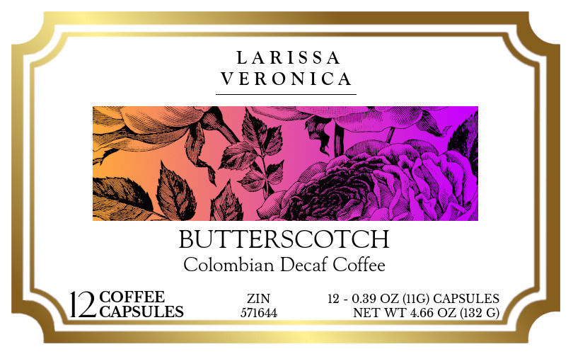Butterscotch Colombian Decaf Coffee <BR>(Single Serve K-Cup Pods) - Label