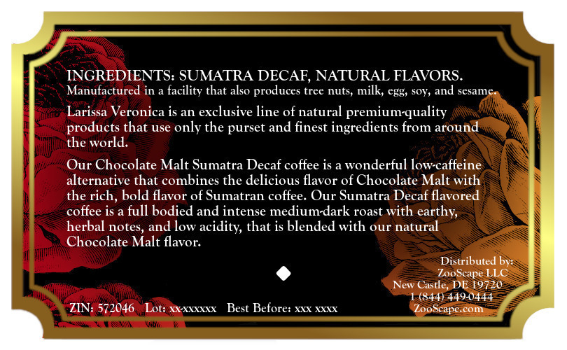 Chocolate Malt Sumatra Decaf Coffee <BR>(Single Serve K-Cup Pods)