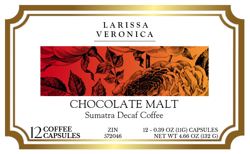 Chocolate Malt Sumatra Decaf Coffee <BR>(Single Serve K-Cup Pods) - Label