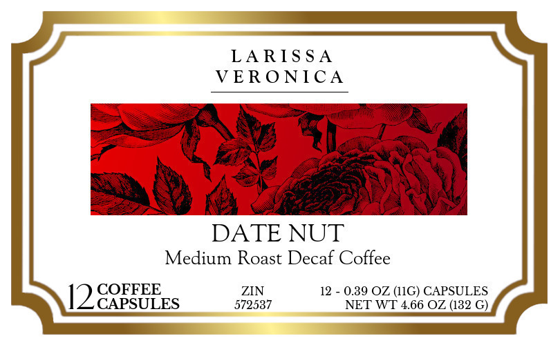 Date Nut Medium Roast Decaf Coffee <BR>(Single Serve K-Cup Pods) - Label