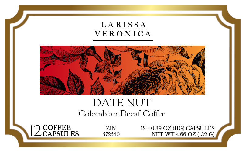 Date Nut Colombian Decaf Coffee <BR>(Single Serve K-Cup Pods) - Label