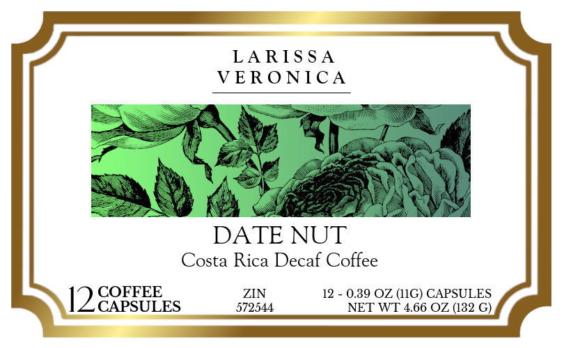 Date Nut Costa Rica Decaf Coffee <BR>(Single Serve K-Cup Pods) - Label