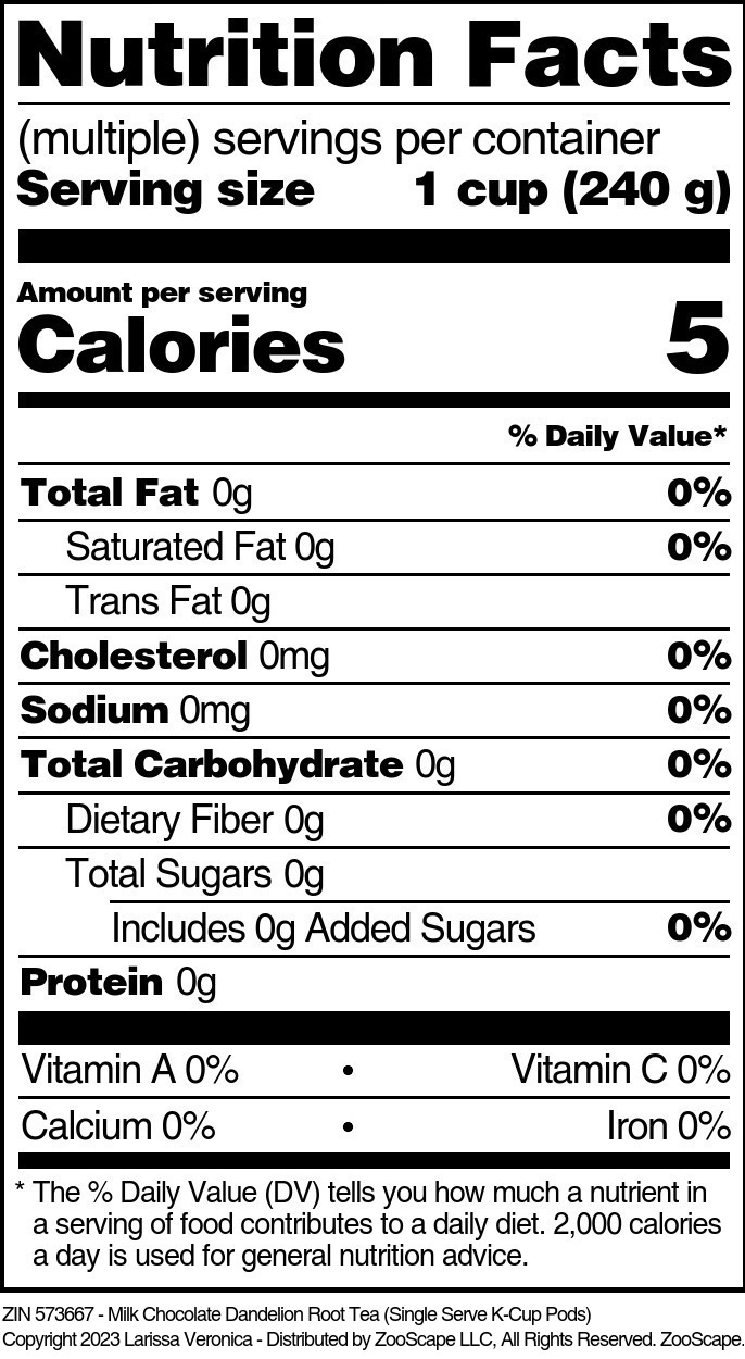 Milk Chocolate Dandelion Root Tea <BR>(Single Serve K-Cup Pods) - Supplement / Nutrition Facts