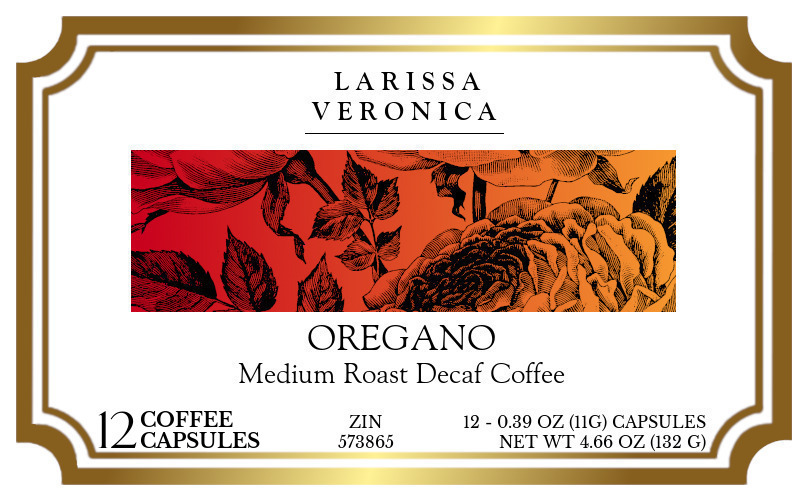Oregano Medium Roast Decaf Coffee <BR>(Single Serve K-Cup Pods) - Label