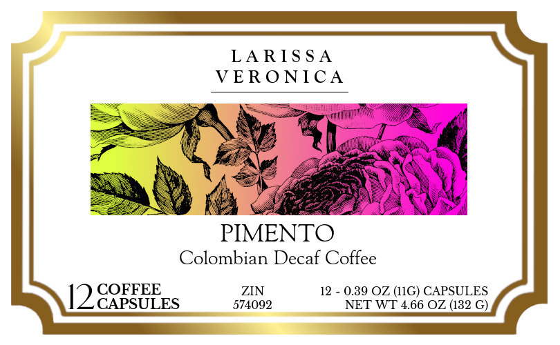 Pimento Colombian Decaf Coffee <BR>(Single Serve K-Cup Pods) - Label
