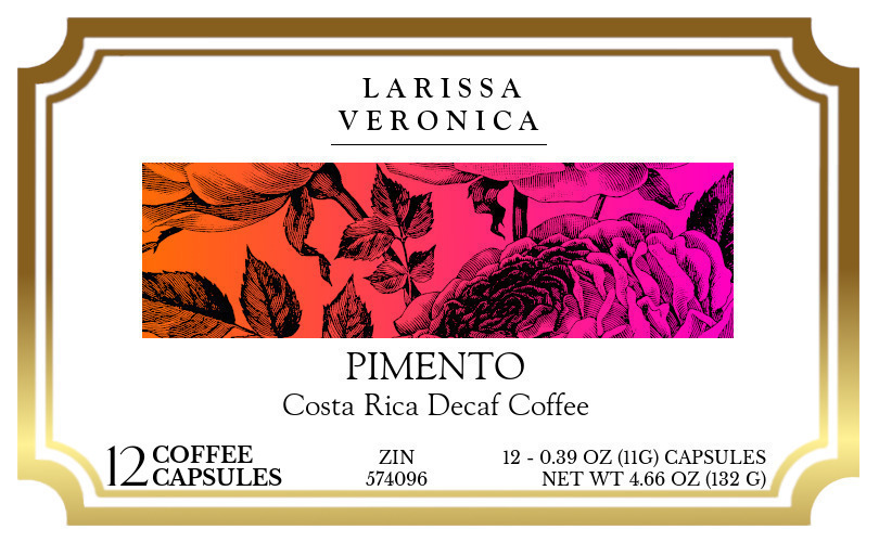 Pimento Costa Rica Decaf Coffee <BR>(Single Serve K-Cup Pods) - Label