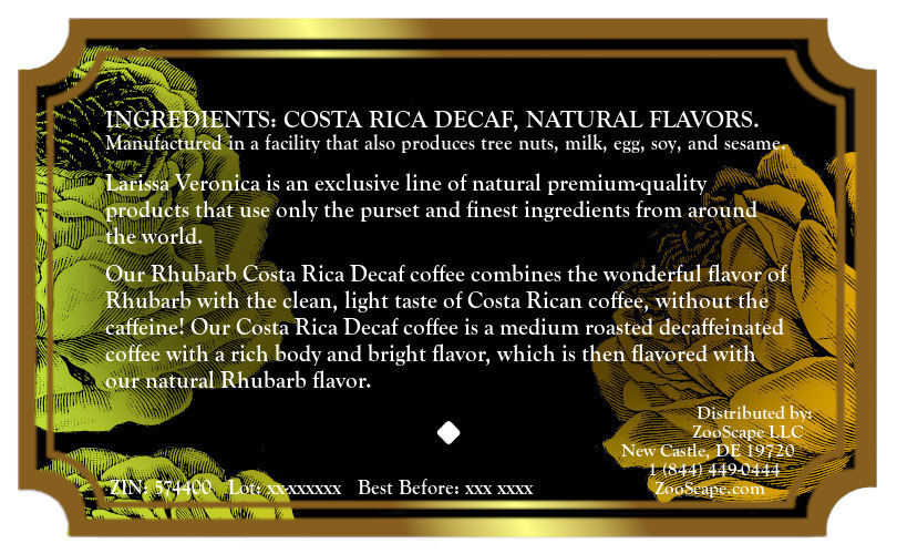 Rhubarb Costa Rica Decaf Coffee <BR>(Single Serve K-Cup Pods)
