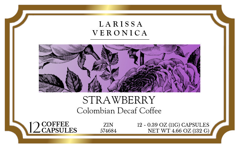 Strawberry Colombian Decaf Coffee <BR>(Single Serve K-Cup Pods) - Label