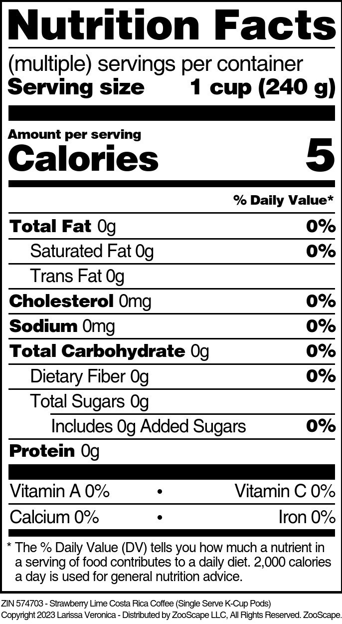 Strawberry Lime Costa Rica Coffee <BR>(Single Serve K-Cup Pods) - Supplement / Nutrition Facts