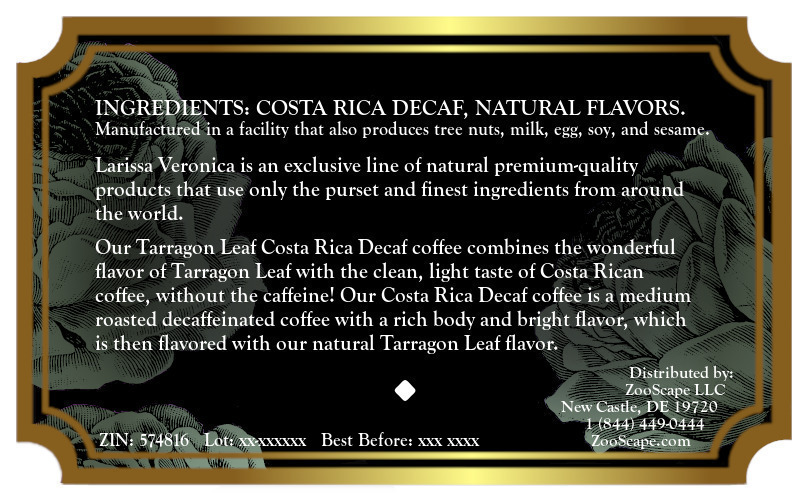 Tarragon Leaf Costa Rica Decaf Coffee <BR>(Single Serve K-Cup Pods)