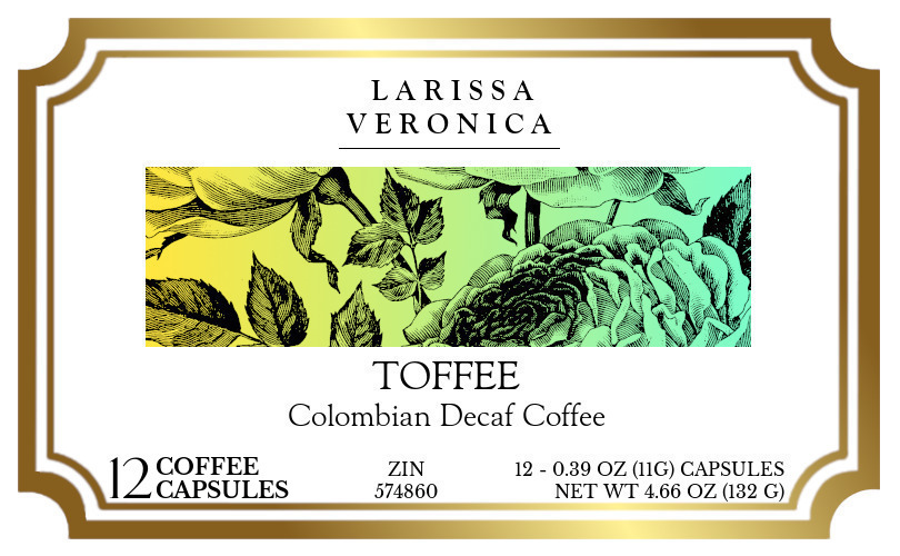 Toffee Colombian Decaf Coffee <BR>(Single Serve K-Cup Pods) - Label