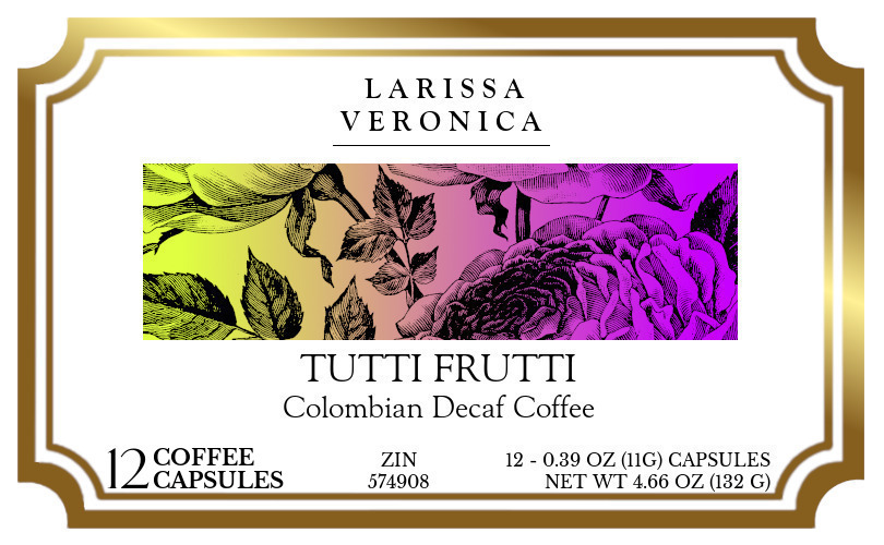 Tutti Frutti Colombian Decaf Coffee <BR>(Single Serve K-Cup Pods) - Label
