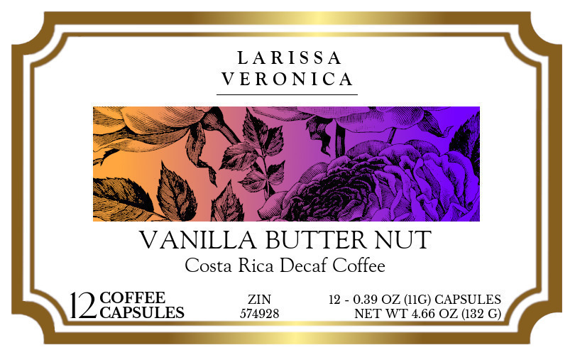 Vanilla Butter Nut Costa Rica Decaf Coffee <BR>(Single Serve K-Cup Pods) - Label