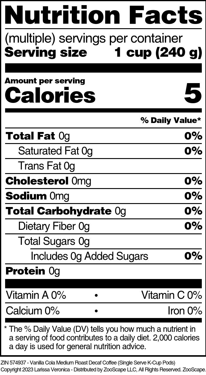 Vanilla Cola Medium Roast Decaf Coffee <BR>(Single Serve K-Cup Pods) - Supplement / Nutrition Facts