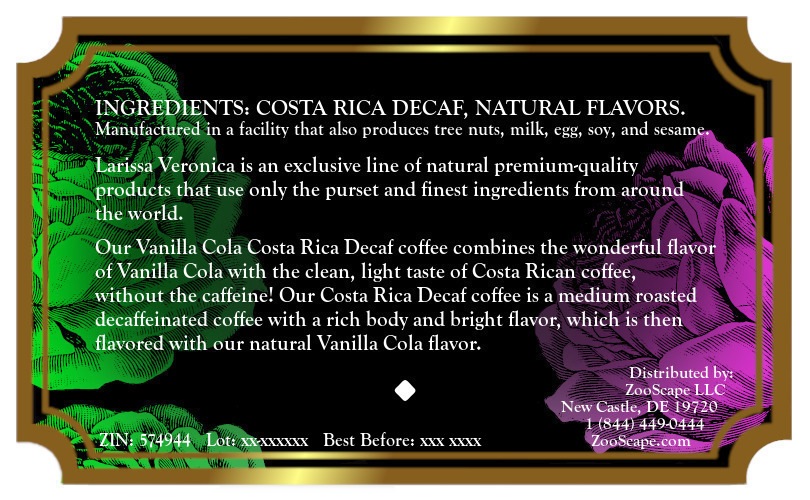 Vanilla Cola Costa Rica Decaf Coffee <BR>(Single Serve K-Cup Pods)