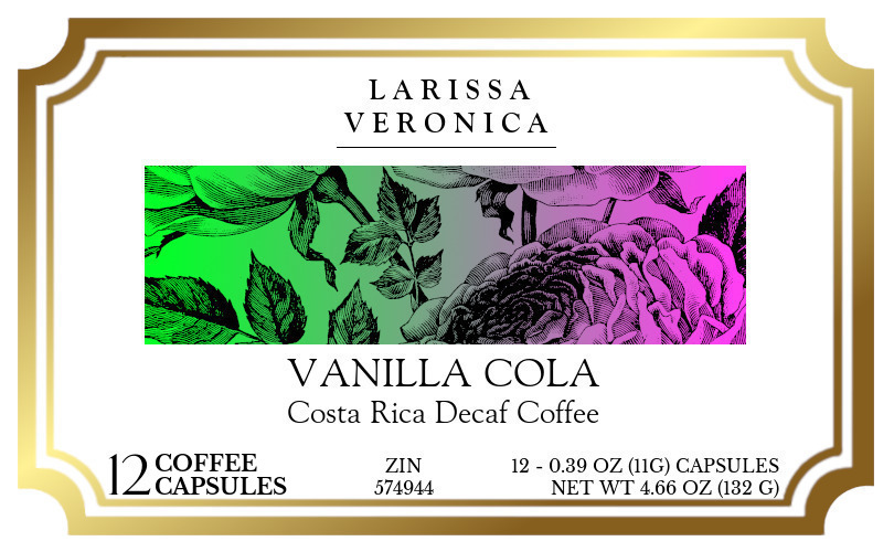 Vanilla Cola Costa Rica Decaf Coffee <BR>(Single Serve K-Cup Pods) - Label