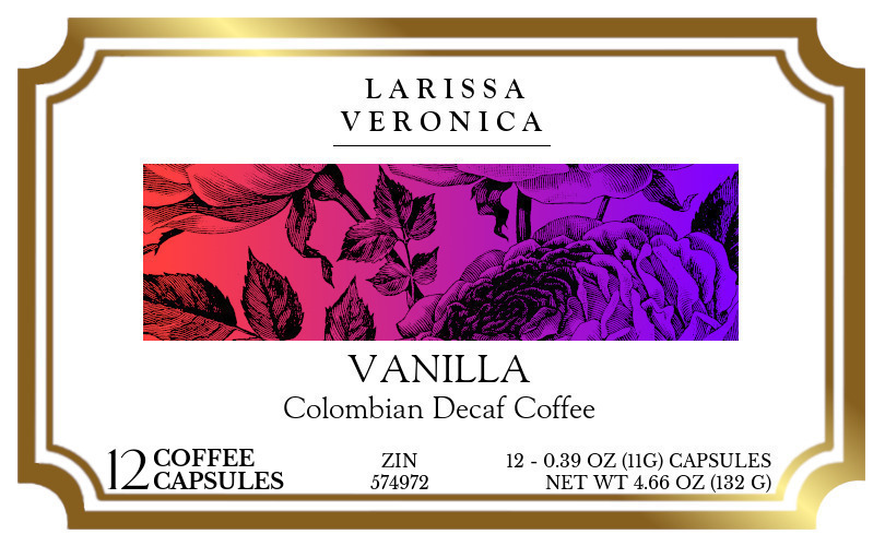 Vanilla Colombian Decaf Coffee <BR>(Single Serve K-Cup Pods) - Label