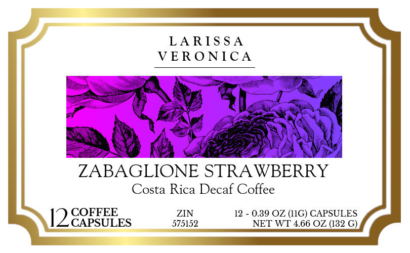 Zabaglione Strawberry Costa Rica Decaf Coffee <BR>(Single Serve K-Cup Pods) - Label
