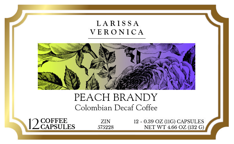 Peach Brandy Colombian Decaf Coffee <BR>(Single Serve K-Cup Pods) - Label