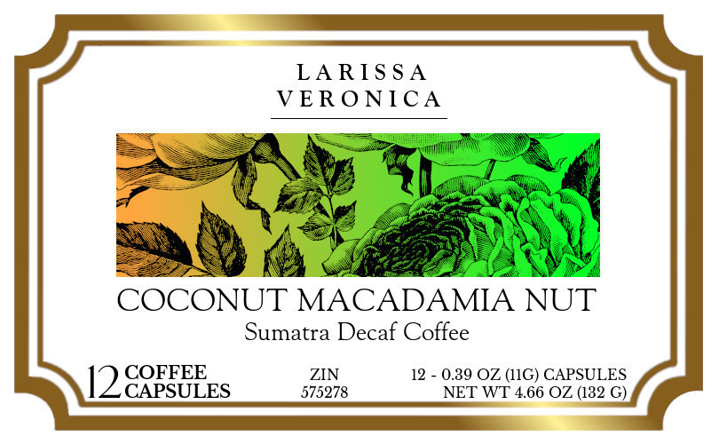Coconut Macadamia Nut Sumatra Decaf Coffee <BR>(Single Serve K-Cup Pods) - Label
