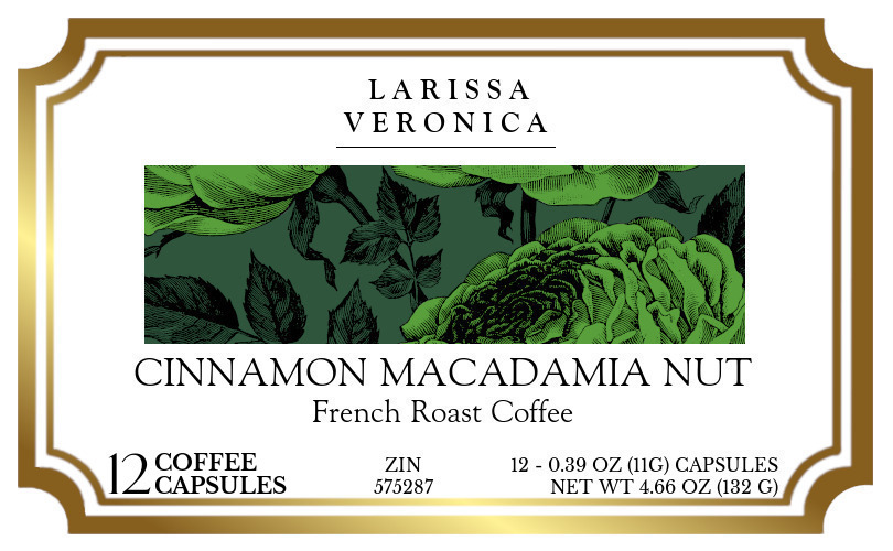 Cinnamon Macadamia Nut French Roast Coffee <BR>(Single Serve K-Cup Pods) - Label