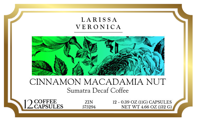Cinnamon Macadamia Nut Sumatra Decaf Coffee <BR>(Single Serve K-Cup Pods) - Label