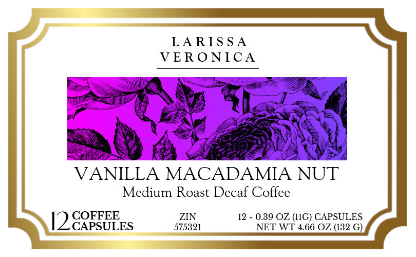 Vanilla Macadamia Nut Medium Roast Decaf Coffee <BR>(Single Serve K-Cup Pods) - Label