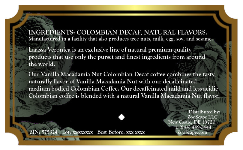 Vanilla Macadamia Nut Colombian Decaf Coffee <BR>(Single Serve K-Cup Pods)