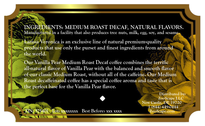 Vanilla Pear Medium Roast Decaf Coffee <BR>(Single Serve K-Cup Pods)