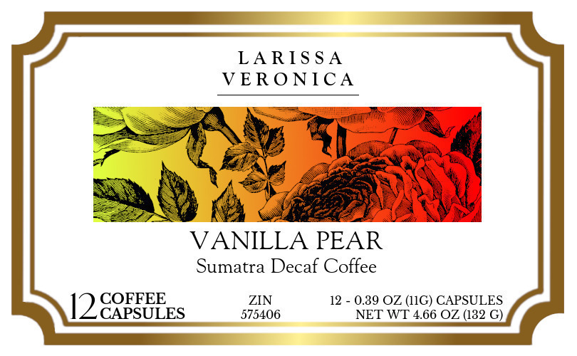 Vanilla Pear Sumatra Decaf Coffee <BR>(Single Serve K-Cup Pods) - Label